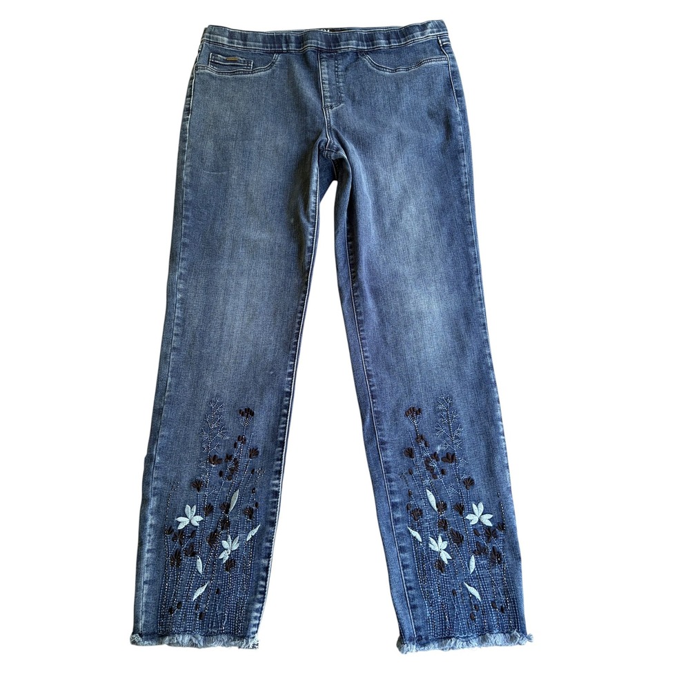 FDJ French Dressing Jeans Womens 14 Blue Embroidered Pull On Denim Leggings Hem